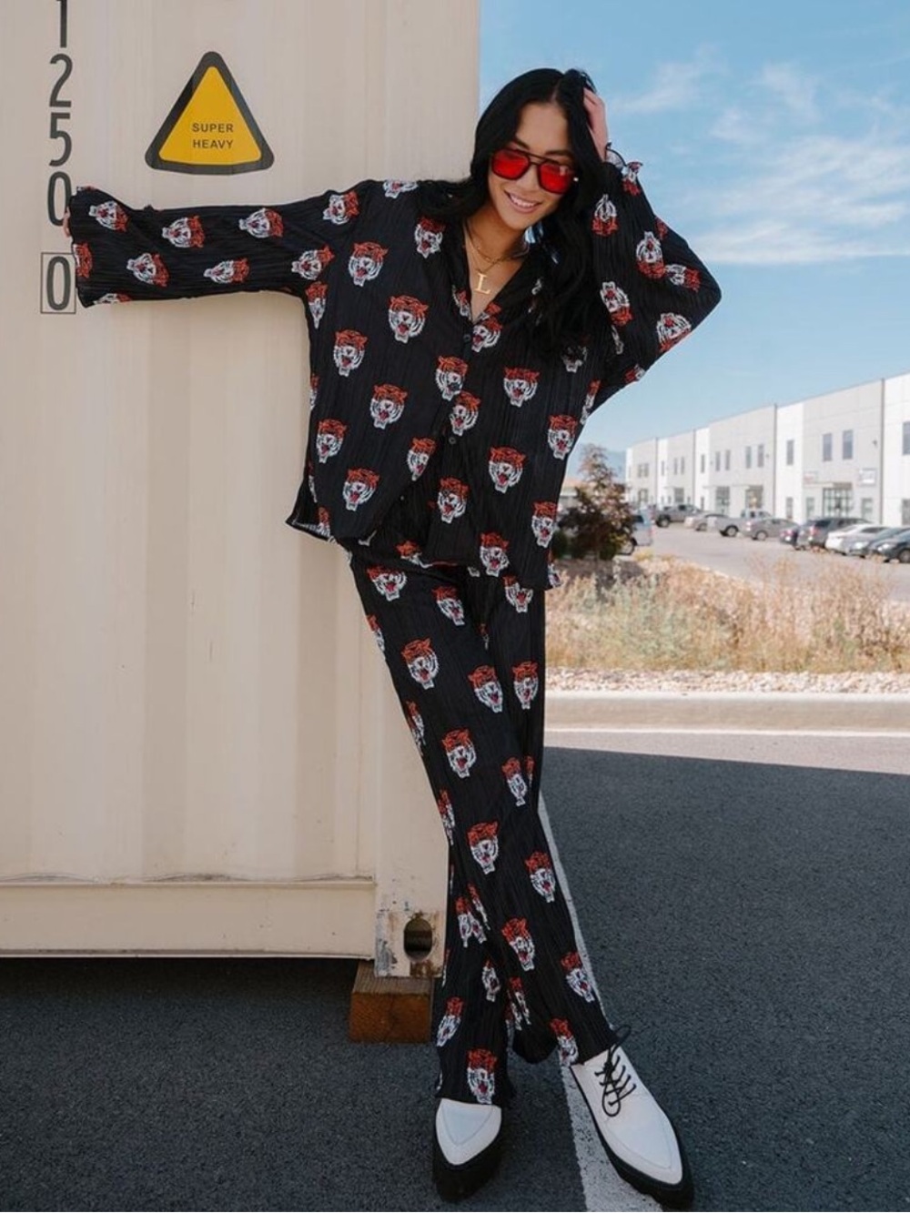 Dressed in LALA Tiger Long Sleeve Plissé Top & High Waist Pants Set